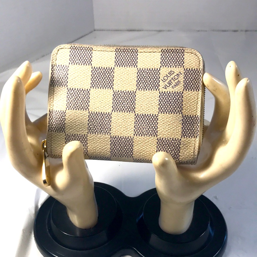 Louis Vuitton Damier Azur Zippy Cream Checkered Canvas Wallet Coin Mini Purse